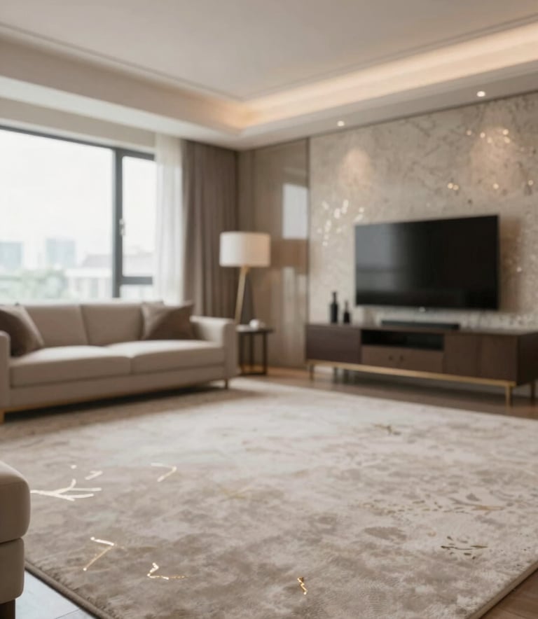 A wide shot of a luxurious living room featuring a large, plush neutral-toned carpet and elegant wallpaper with subtle metallic patterns. The room is filled with natural light, showcasing a modern aesthetic with colors #F7F7F2 and #4E6A5B.