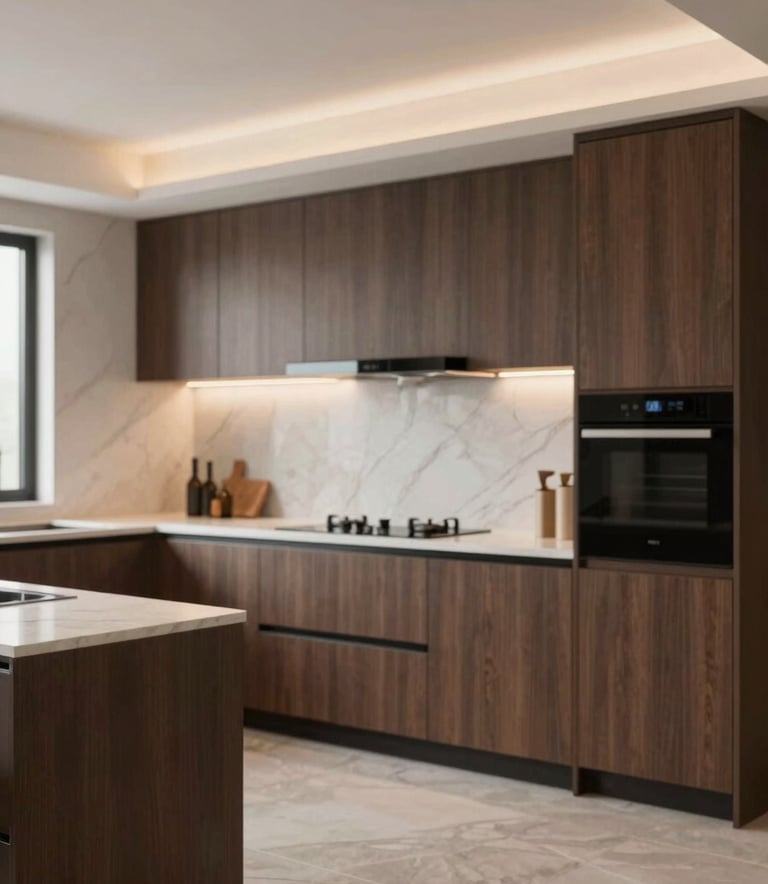 A professionally staged modern kitchen in Sylhet featuring custom minimalist cabinets in a deep wood finish, marble countertops, and warm ambient lighting. The style is sophisticated and elegant, incorporating a color palette of #1A2A27 and #F7F7F2.