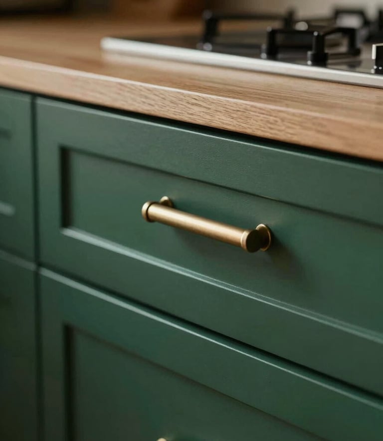 A close-up shot of elegant, high-quality kitchen cabinet hardware and sleek wooden surfaces, demonstrating sophisticated craftsmanship. The lighting is soft and cinematic, highlighting textures in a palette of deep greens and metallic accents, consistent with a modern, professional interior design aesthetic.