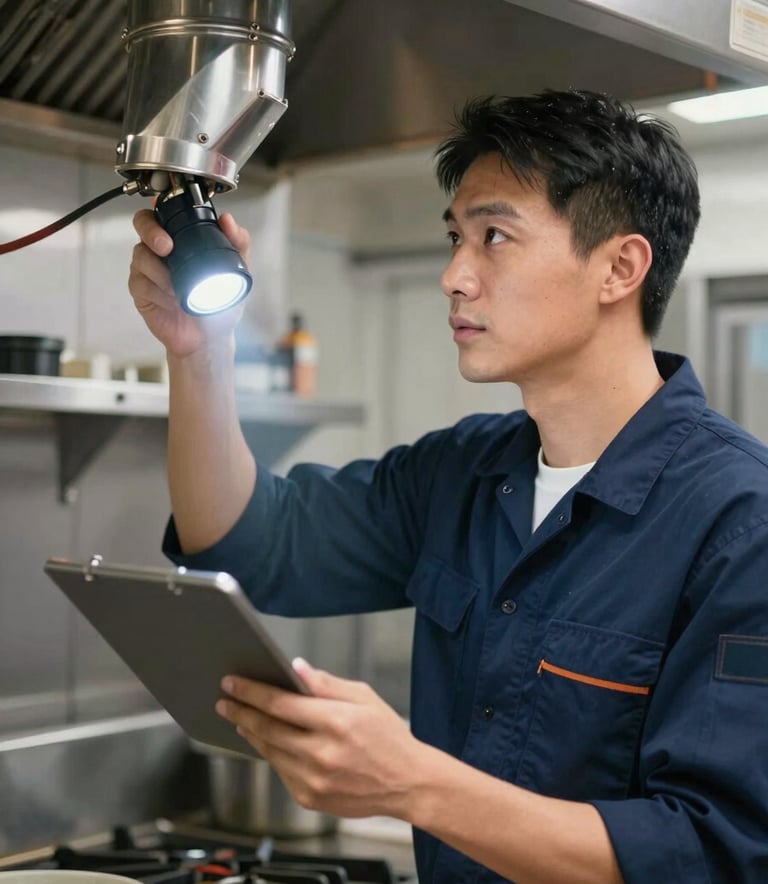 A professional technician in a navy blue (#1E2B3A) uniform inspecting a kitchen duct with a flashlight. The setting is a commercial kitchen in Toronto at night. The lighting is focused and clean, reflecting professionalism and expertise.