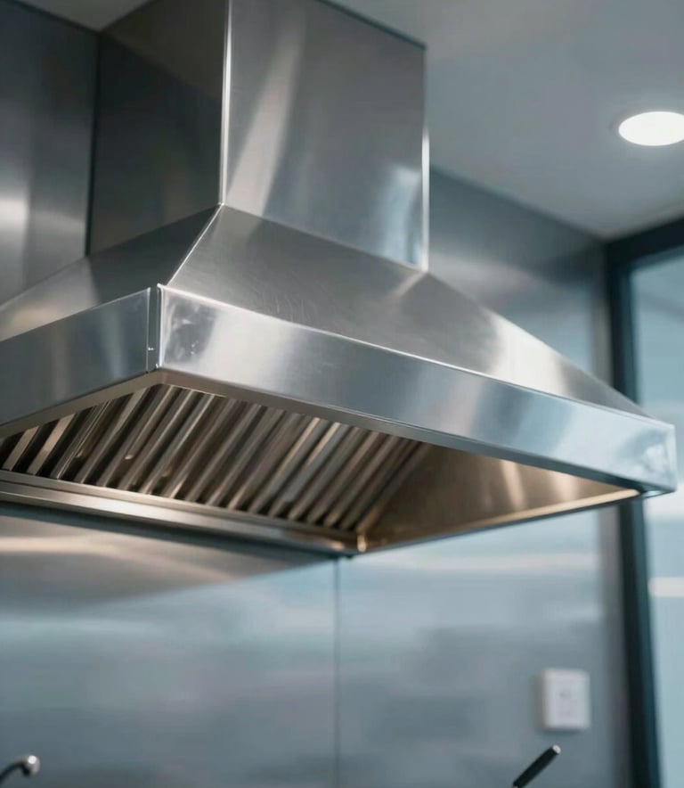 A high-detail, professional shot of a pristine stainless steel commercial kitchen exhaust hood in a high-end Toronto hotel. The lighting is crisp, emphasizing the polished surfaces. The scene is clean and modern, incorporating cool tones of #3A607C and #8DAABF in the reflections.