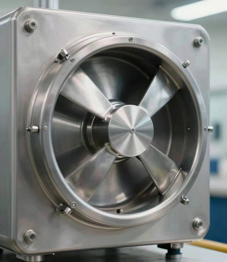 A close-up of a perfectly cleaned, sparkling stainless steel commercial exhaust fan, industrial setting, bright professional lighting, showing meticulous detail, with metallic #8DAABF highlights.