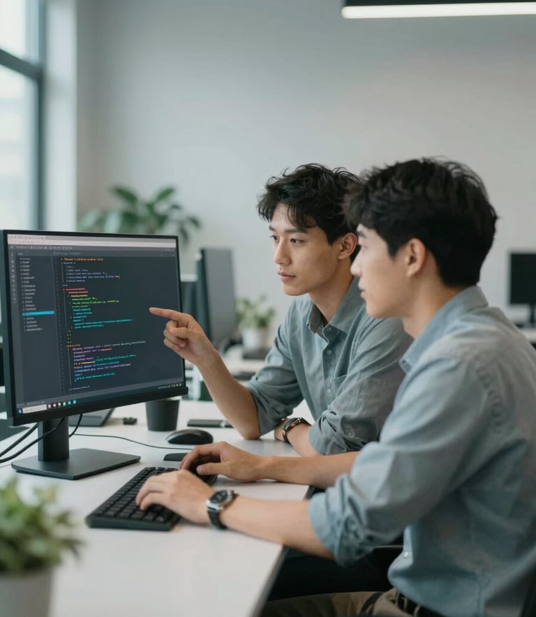 Two focused software engineers collaborating in a modern, minimalist office. They are looking at a large monitor displaying complex code structures. The lighting is soft and natural with subtle #476C7D blue accents in the office decor, conveying a sense of teamwork and trust.