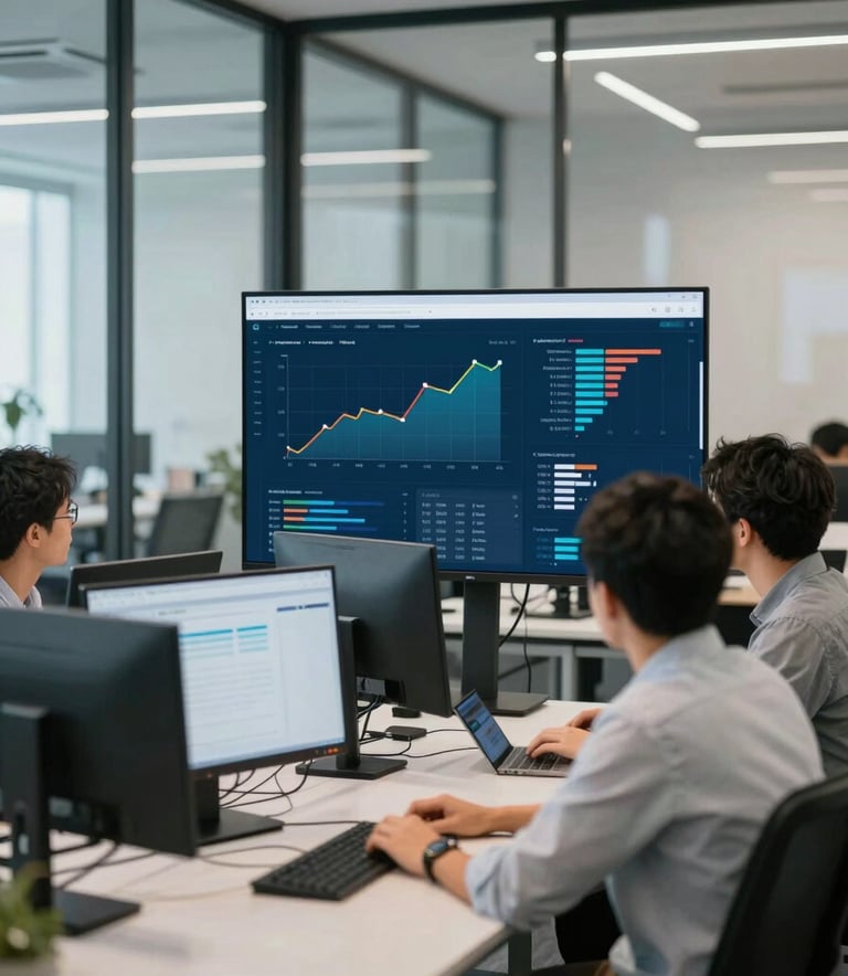 A collaborative team of software engineers in a modern office with glass walls, looking at a large screen displaying complex performance graphs and test results. The lighting is bright and professional, incorporating the brand colors #476C7D and #A1C6D0 in the office decor and interface design.