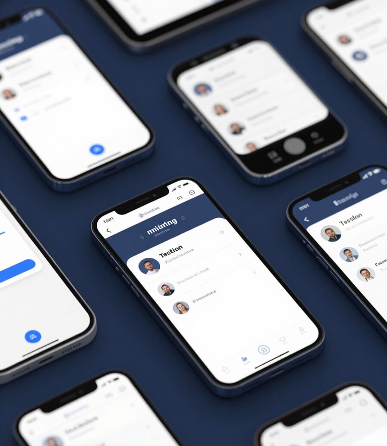 A high-contrast, top-down photograph of multiple mobile devices (phone, tablet) on a dark blue surface. Each screen displays a different testing interface, emphasizing mobile testing capabilities and precision. The aesthetic is clean and modern, incorporating #1C2B3A and #476C7D.