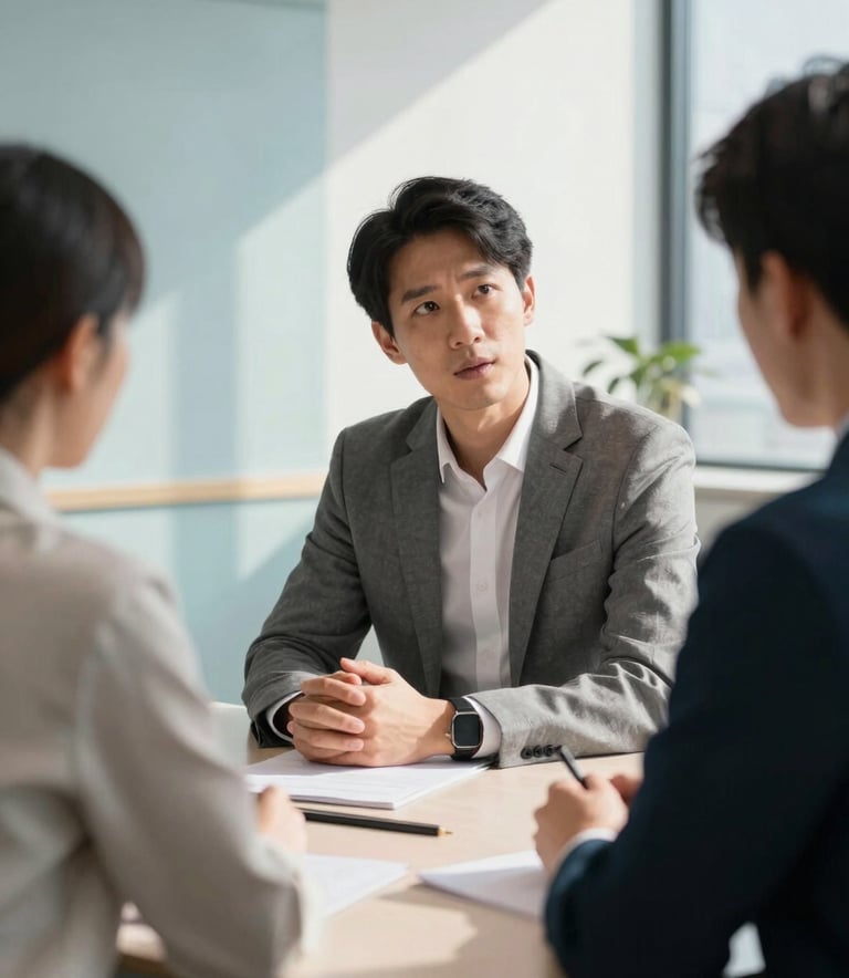 A close-up photograph of a professional mentorship session in a sunlit, modern North American office. Two professionals in business-casual attire are engaged in a thoughtful discussion across a sleek conference table with soft powder blue accents.