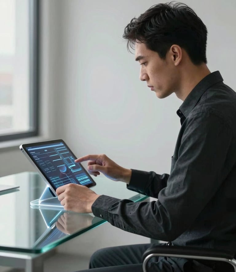 A professional in a minimalist North American office, sitting at a glass desk, interacting with a futuristic, translucent tablet display that shows data patterns. The room is filled with soft natural light and accents of steel blue.