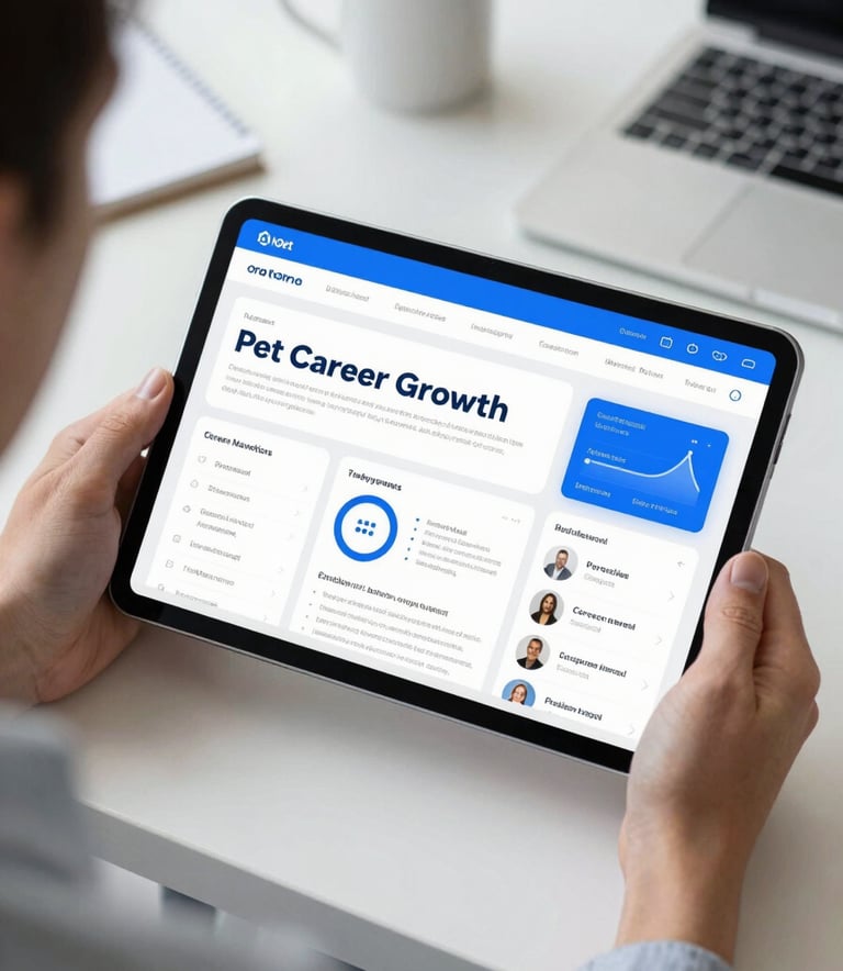 An over-the-shoulder shot of a person using a tablet to view an advanced career growth dashboard. The clean, user-centric interface is illuminated in bright frost white and corporate steel blue within a North American workspace.