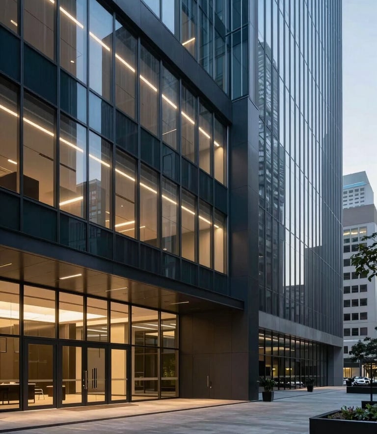 A wide-angle photography shot of a sophisticated, high-tech corporate lobby in a North American city. The architecture features clean lines, glass walls, and intelligent lighting in shades of dark navy and steel blue, conveying innovation and trust.