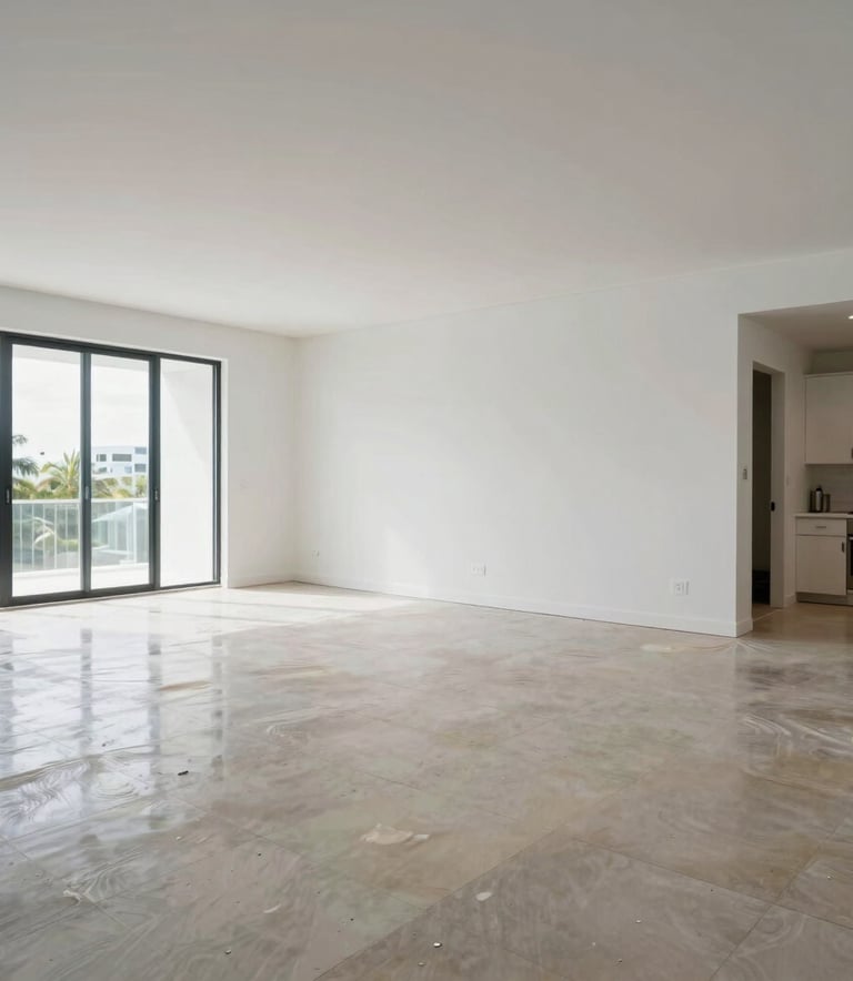 Wide-angle shot of a beautifully restored Miami modern home interior after a professional flood cleanup. The space is bright and airy with crisp white walls and polished floors, emphasizing a clean and safe environment in South Florida / US.