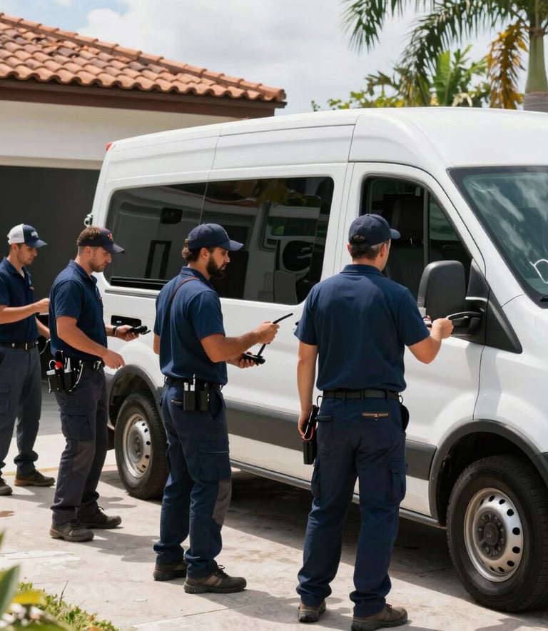 Candid photography of a professional restoration crew arriving at a Miami property in a clean, branded white van. The team is dressed in professional navy uniforms, carrying equipment with purpose and urgency. Bright South Florida / US morning light.