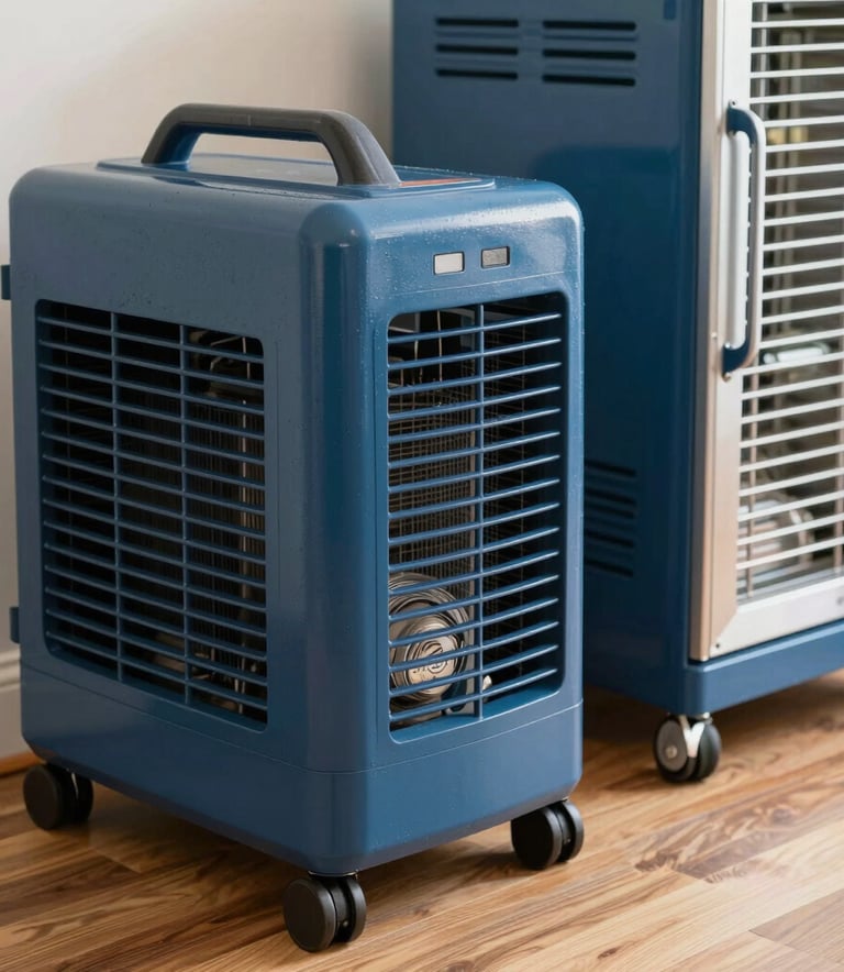Close-up photography of professional industrial-grade drying equipment, including a heavy-duty blue dehumidifier and high-velocity air movers, positioned on a clean hardwood floor in a South Florida / US home. Bright, natural lighting, sharp focus, emphasizing modern technology and restoration expertise.