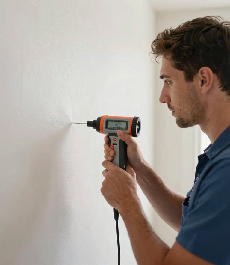 A professional restoration technician in a clean uniform using a specialized moisture detection device on a wall inside a South Florida / US home. The composition focuses on the precision of the work with professional gear visible.