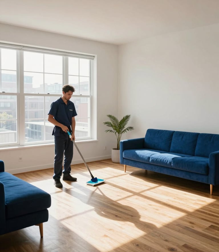 A wide-angle shot of a bright, modern North American apartment living room after a professional turnover cleaning. Sunlight streams through large windows onto polished hardwood floors. The decor is minimalist with white and royal blue accents.