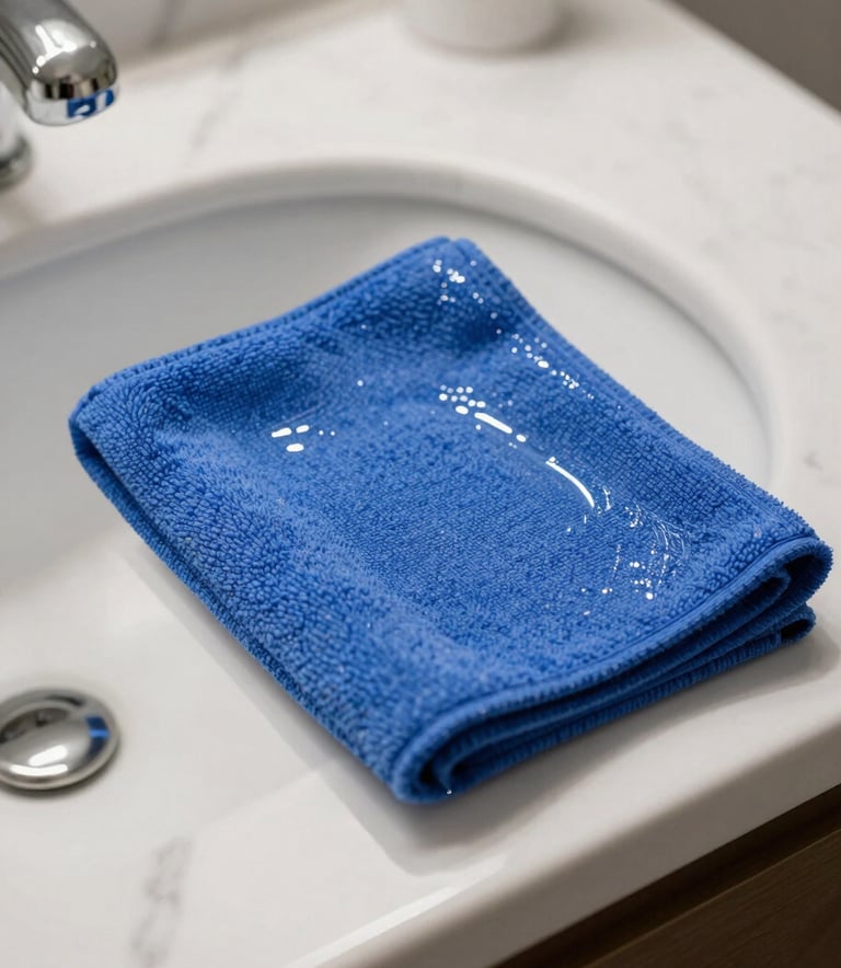A detailed shot of a bathroom vanity being polished to a mirror shine with a blue microfiber cloth, white marble background, North American style.