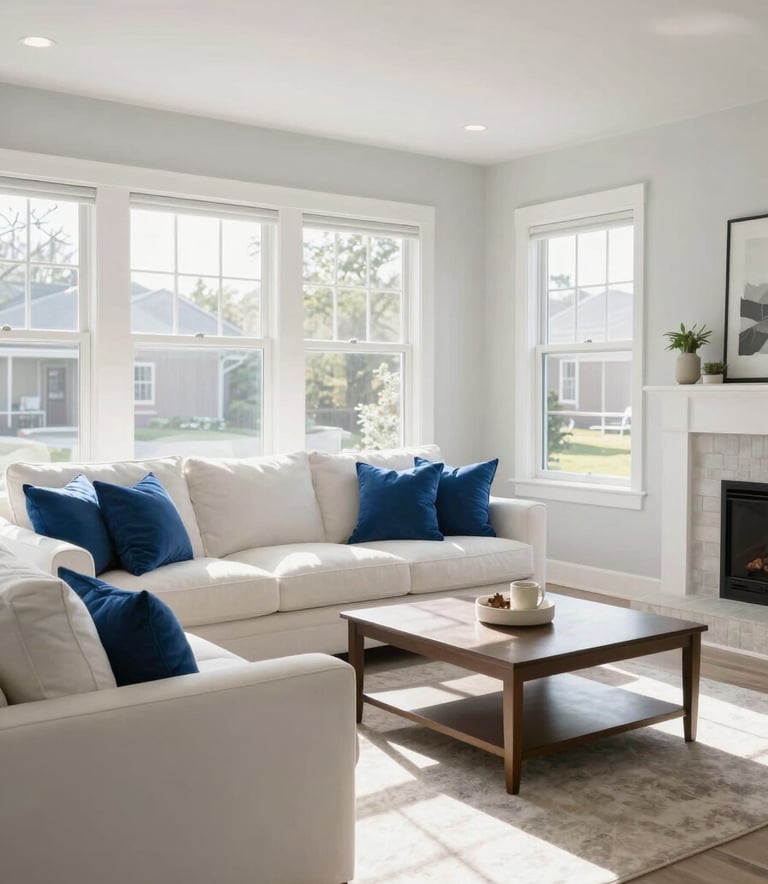 A bright, clean residential living room in a North American home, featuring white furniture and royal blue pillows, sunlight streaming through large windows, wide-angle photography.
