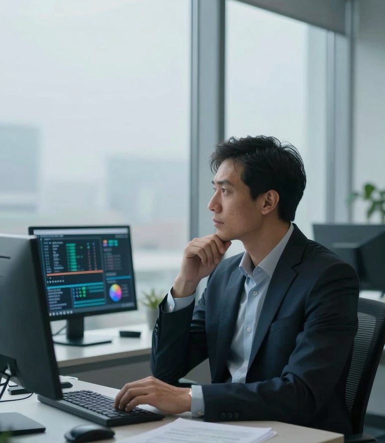 A professional analyst in a modern, bright office, looking thoughtfully out a window with soft reflections of data screens. The scene is dominated by pale mist and muted steel blue tones, with high-end furniture and natural lighting.