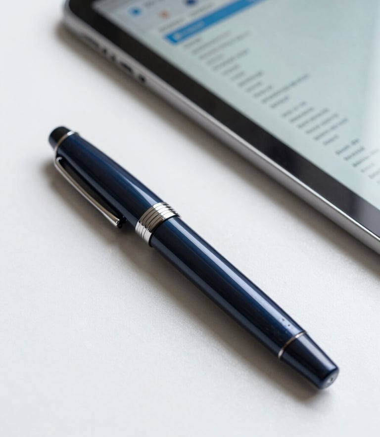 Close-up of a high-end fountain pen resting on a clean desk next to a blurred tablet displaying analytical interfaces. The color palette includes dark slate blue and soft sky blue highlights in a clean, professional setting.