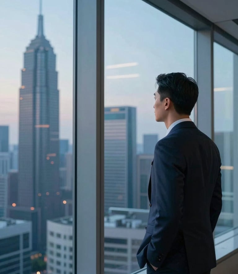 A professional in a sharp suit looking through a large, clean glass window at a modern city skyline at dusk. The lighting is dominated by soft sky blue and steel blue tones, reflecting a mood of deep observation and insight.