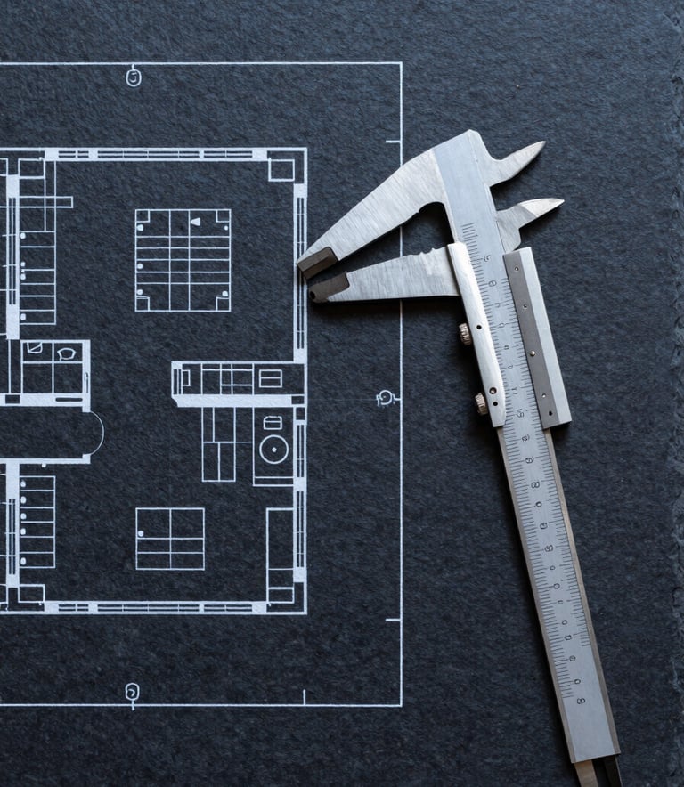 A top-down photographic view of a structured architectural plan with clean lines, laid out on a dark slate navy surface. Beside it, a set of silver professional calipers suggests precision and order.