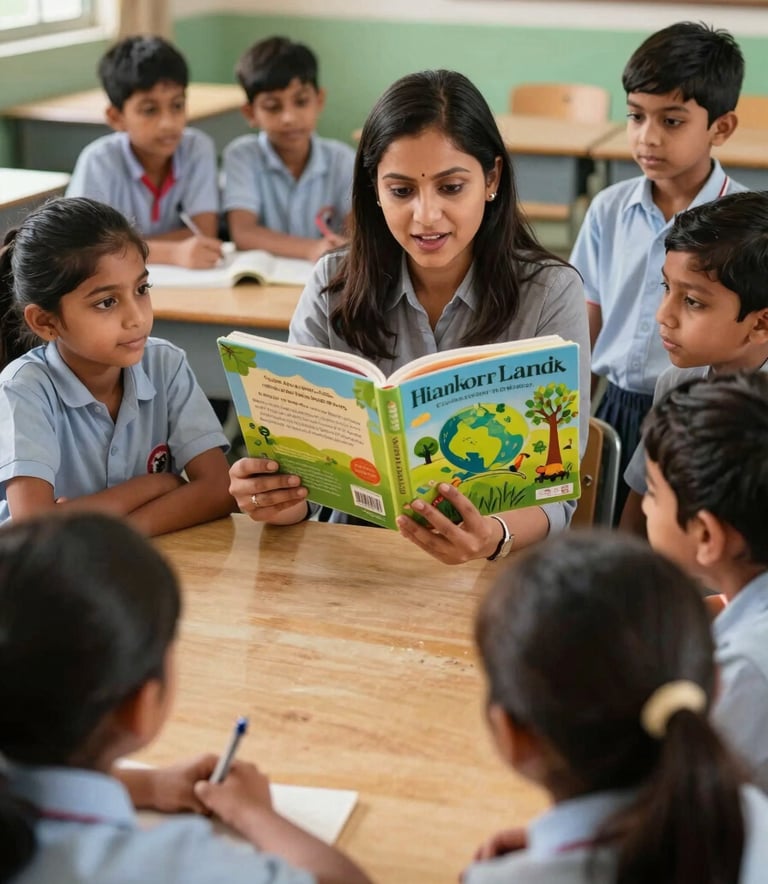 A primary school classroom in India where a group of young children are gathered around a teacher who is reading a large, vibrant storybook about environmental science with great expression.