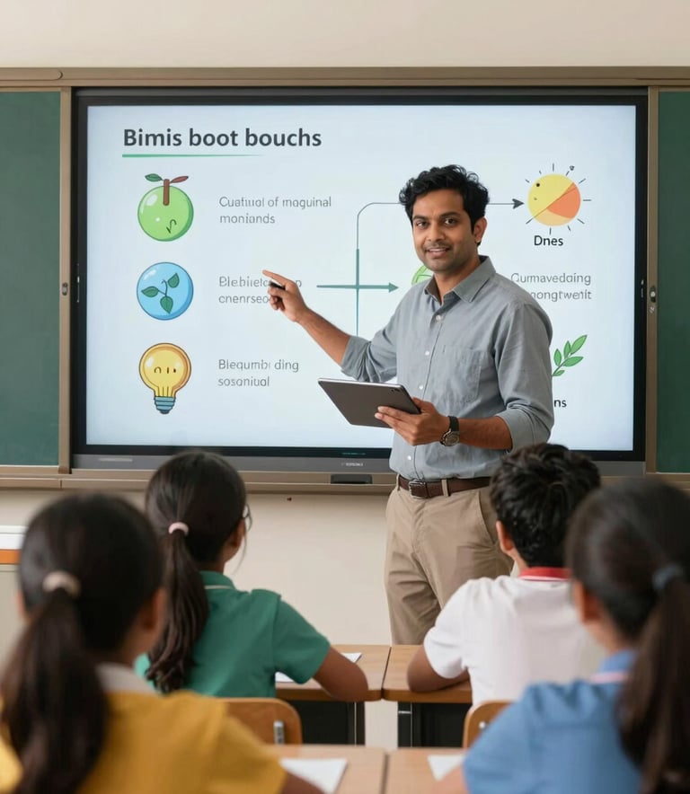 A modern Indian teacher in a bright classroom using a tablet and an interactive smartboard to explain a biology concept through a colorful, story-based animation to engaged students.