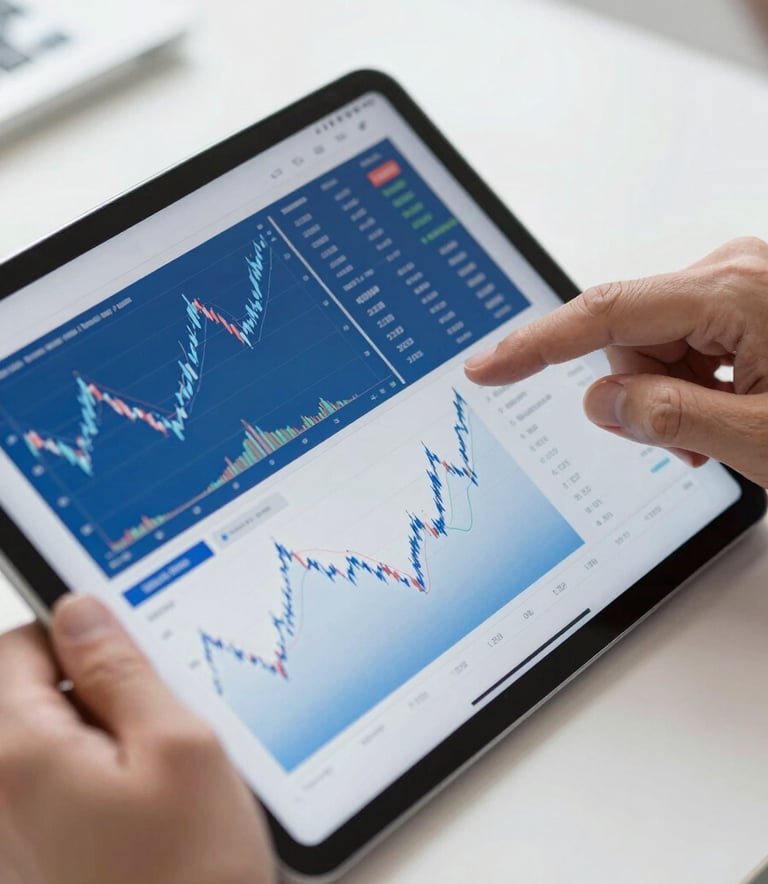 A close-up of professional hands working on a sleek tablet displaying complex financial charts and data in a Global Professional Business setting, with soft natural light and a clean white and strong blue color palette.