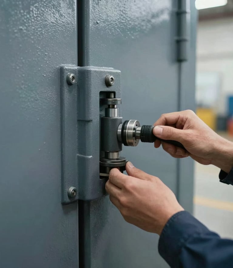 A heavy-duty industrial door closer being adjusted by a professional hand in a North American / US commercial building, focus on the mechanical precision, soft natural lighting, muted blue and slate grey color palette.