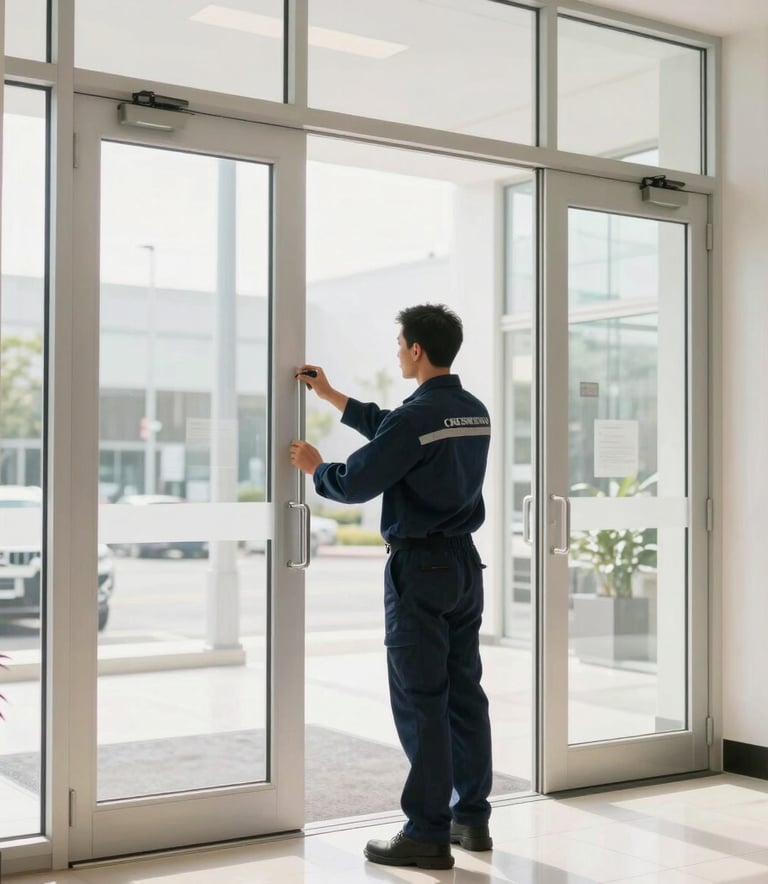 Interior photography of a modern commercial lobby in the North American / US, featuring large glass double doors. A professional service technician in a clean, branded navy uniform is inspecting the alignment. Bright, high-key lighting, emphasizing professional craftsmanship and reliability. Mist and off-white color palette.