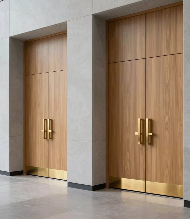A wide shot of a modern corporate lobby in North America / US featuring large, high-quality wooden double doors with gold-toned hardware, clean lines, professional minimalist aesthetic, light grey and tan colors.