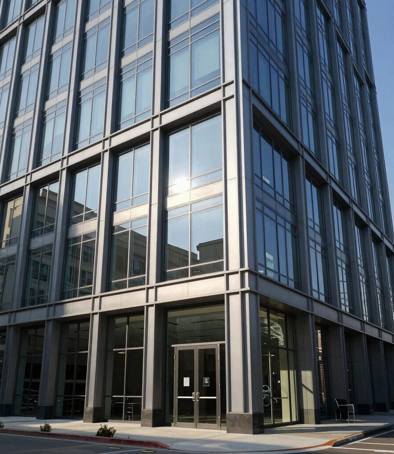 Large-scale architectural photography of a professional corporate headquarters for a major door manufacturer in the North American / US region. Sunlight hitting large glass panels and modern steel frames. Professional and trustworthy atmosphere. Steel blue and dark navy accents.