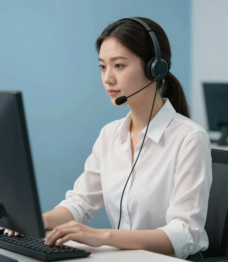A professional customer service representative wearing a headset, sitting in a clean and organized workstation. The lighting is bright and natural. The room features a wall painted in soft blue, and the desk is a light grey. The mood is helpful and trustworthy.