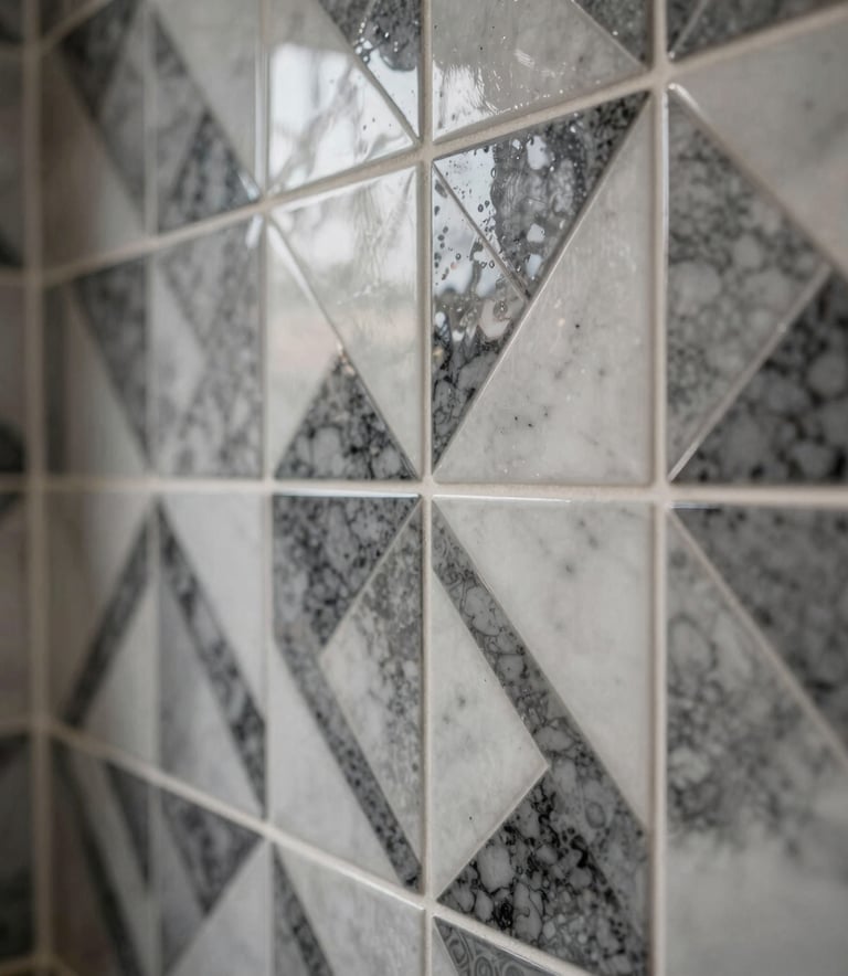 Close-up photography of intricate geometric wall tile installation in a luxury bathroom, showcasing precise craftsmanship and sophisticated charcoal and white colors.