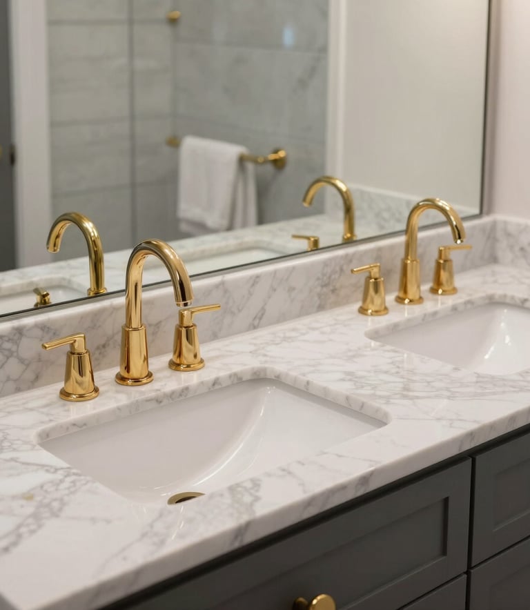A high-end modern bathroom vanity with dual sinks, marble countertops, and gold faucets, featuring sleek dark gray cabinetry in a bright North American home setting.