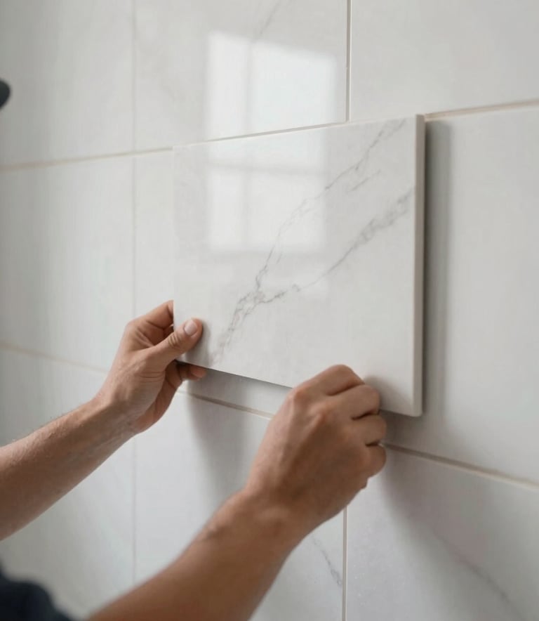 A detailed close-up of a professional installer's hands carefully placing a large-format white marble tile on a bathroom wall, bright natural lighting, modern North American / US residential construction setting, soft gray grout lines visible.