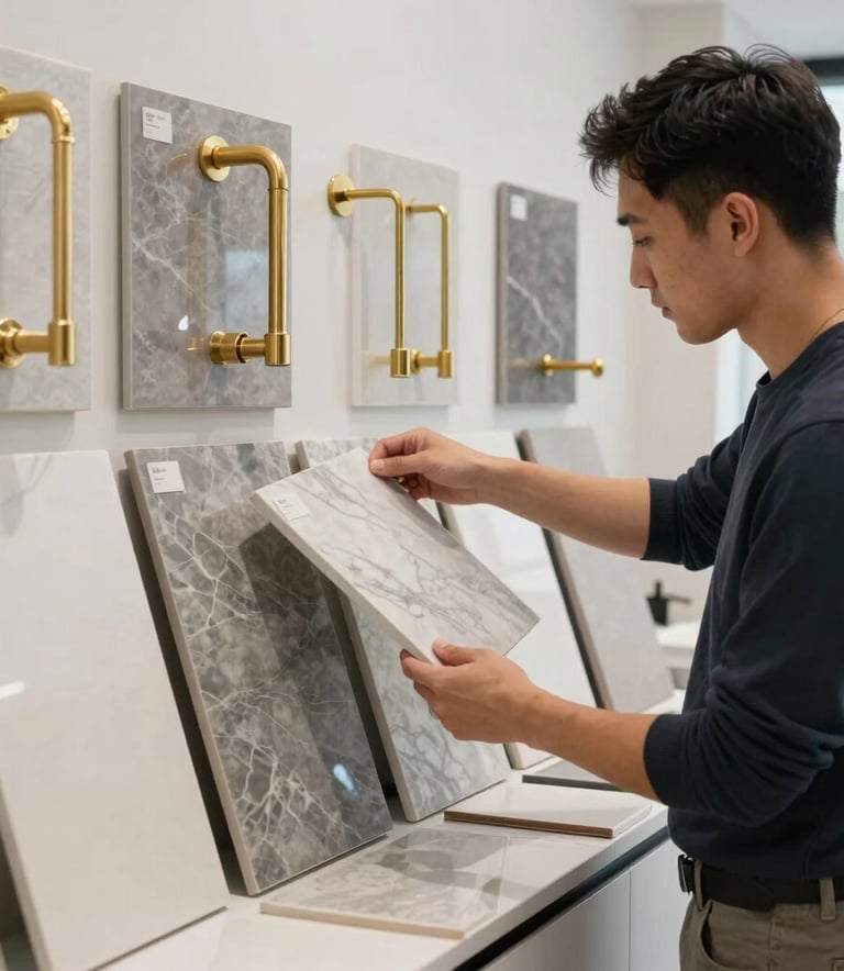 A professional bathroom designer in a stylish North American / US office setting reviewing material samples including gold hardware, marble slabs, and soft gray tile palettes.