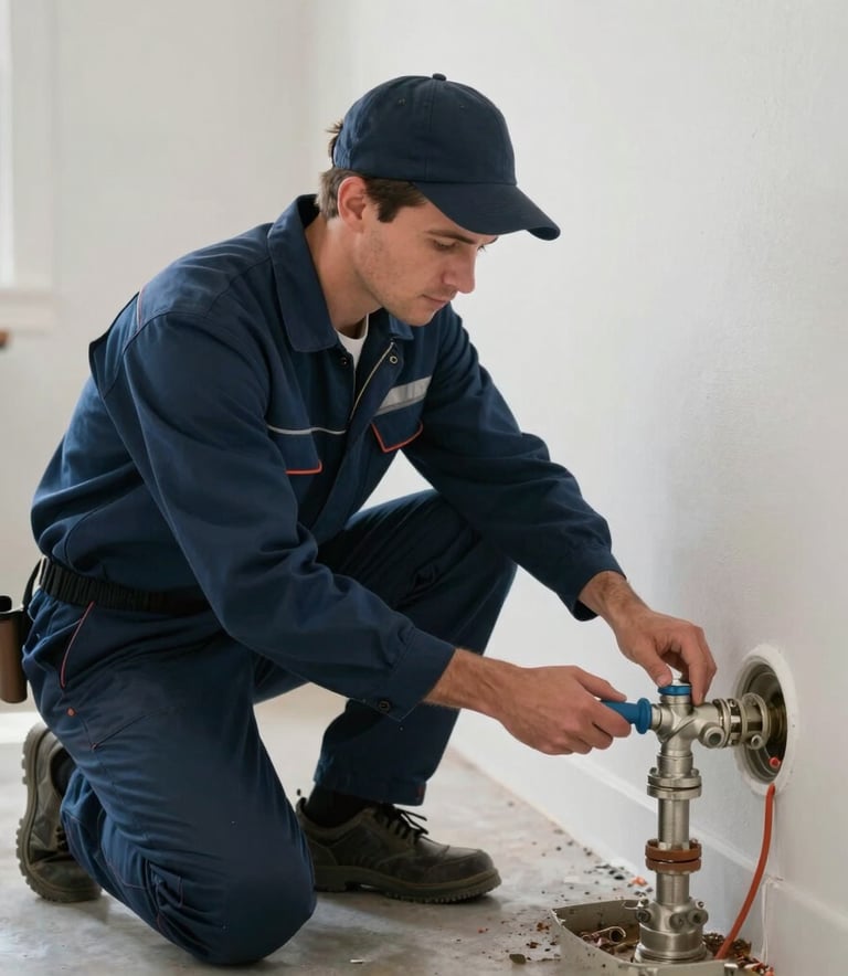 A professional North American plumber inspecting a water main in a modern residential basement. The lighting is crisp and clear, highlighting the dark blue uniform and the reliability of the professional service.