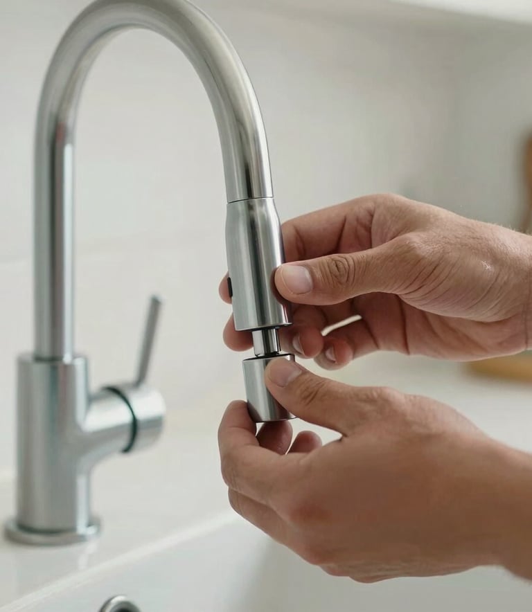 Close-up of a plumber's hands expertly installing a sleek, modern kitchen faucet in a bright, clean North American home kitchen. The composition is tight, showing quality craftsmanship and a light blue and off-white color palette.