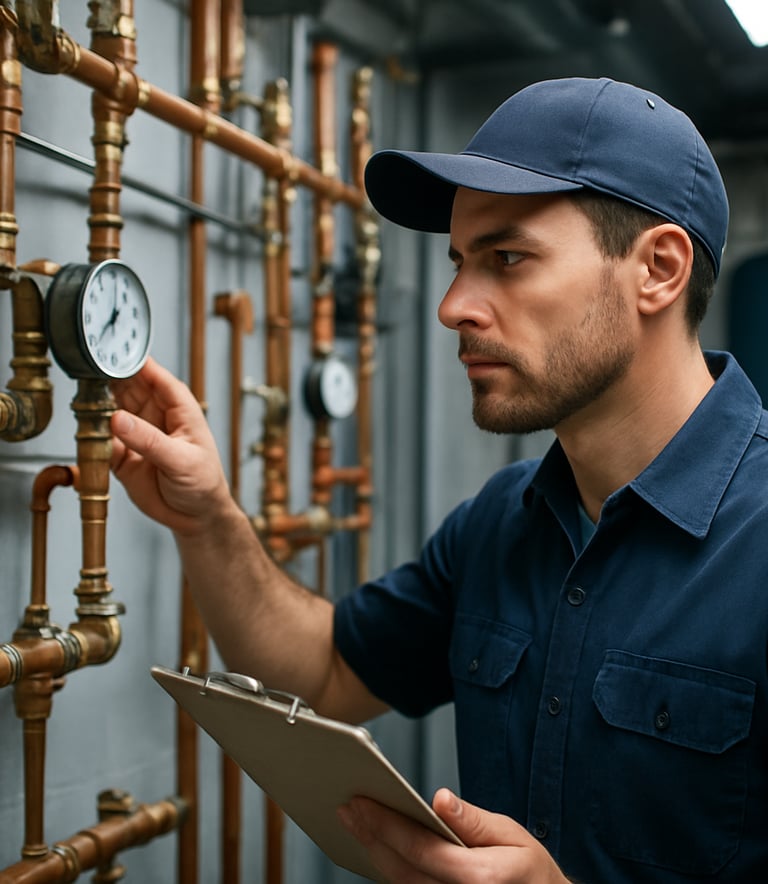 A focused, professional plumber in a modern North American commercial mechanical room, inspecting a series of copper pipes and gauges. The lighting is bright and clean, emphasizing a professional and efficient workspace with steel blue and dark blue accents.