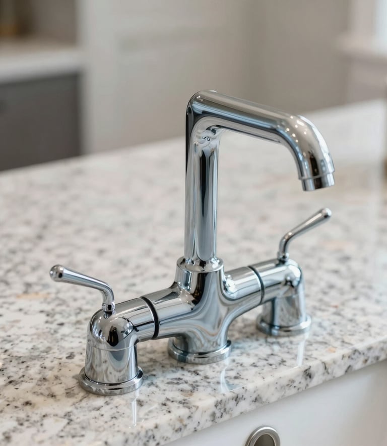 Close-up photography of a gleaming, modern chrome faucet professionally installed on a white granite countertop in a North American home. The lighting is soft and natural, emphasizing a clean, high-quality finish with steel blue and off-white tones.
