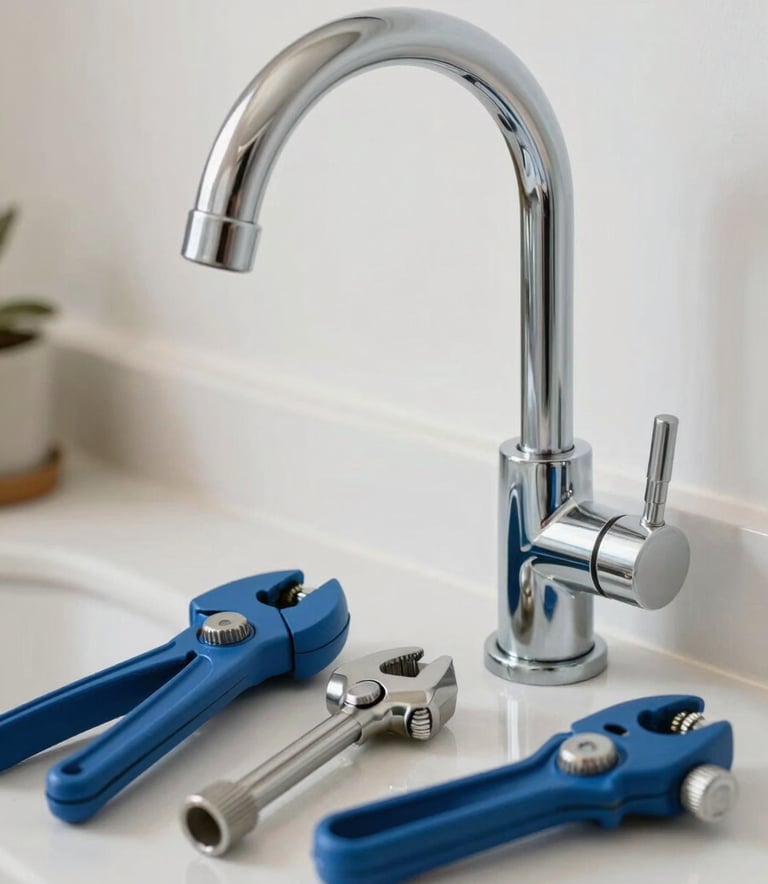 A close-up shot of professional plumbing tools and a modern chrome faucet installation in a clean South American home, reflecting a serious and high-quality service style with Steel Blue and White tones.