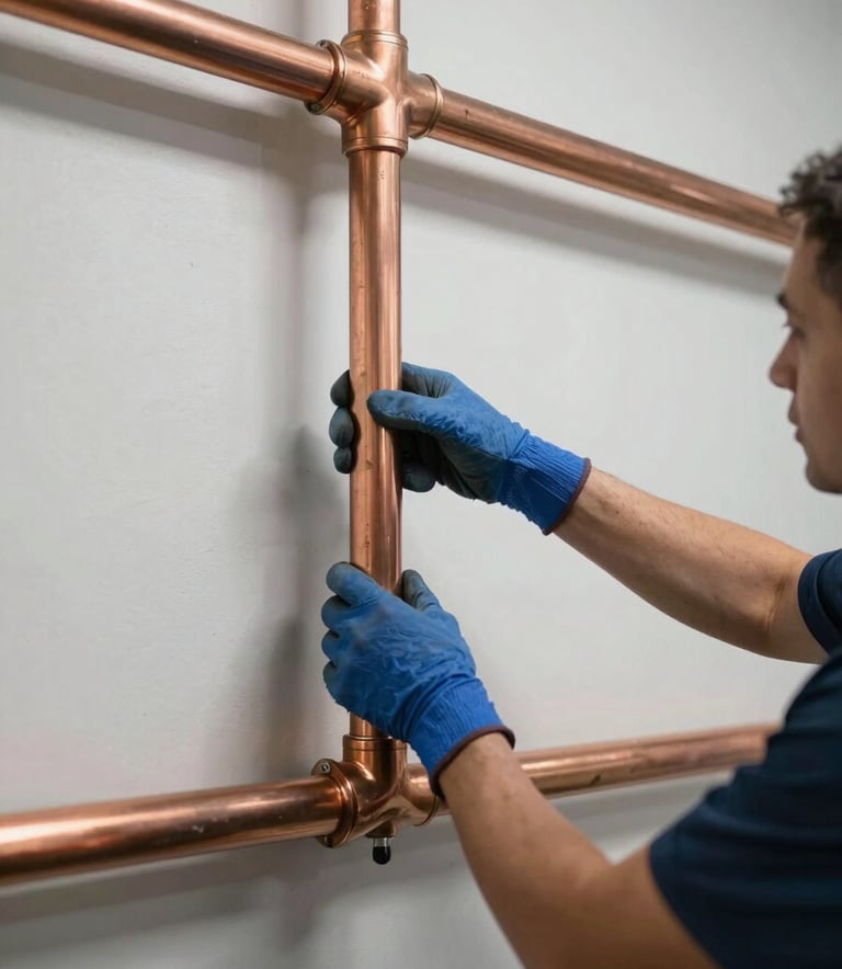 Professional copper piping installation against a clean industrial wall, precise work, modern and efficient aesthetic with Steel Blue highlights.