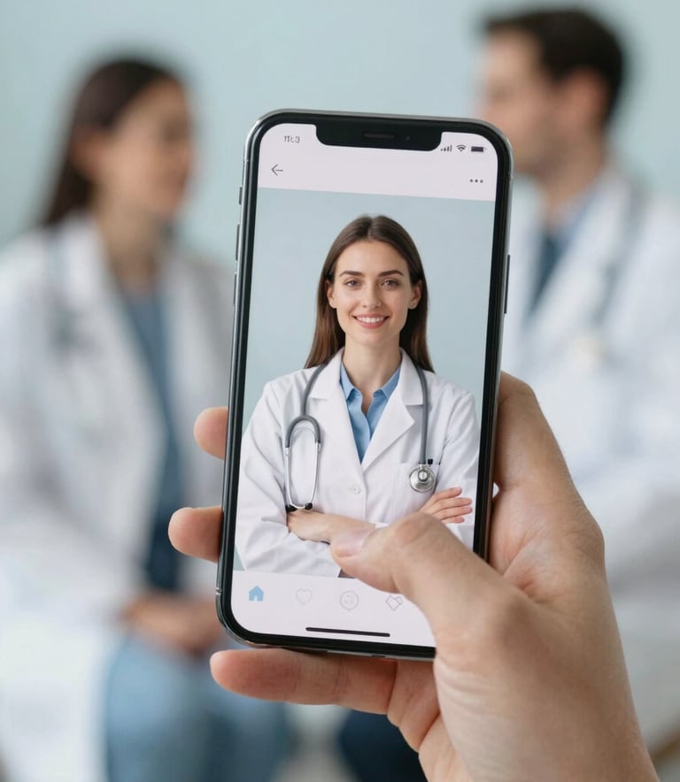 Close-up of hands holding a smartphone with a psychologist on screen, conveying connection and compassion. Background is blurred with soft #5D7A94 colors.