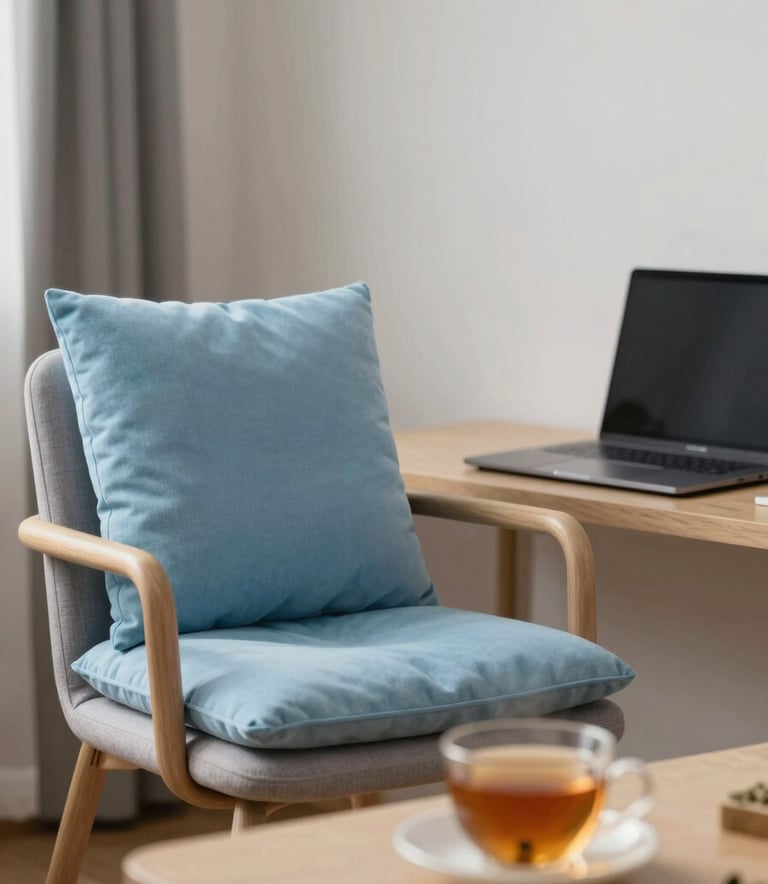 A peaceful therapy room corner with a comfortable chair, a soft blue #AABCCB cushion, and a desk featuring a laptop and a warm cup of herbal tea. Serene and secure atmosphere.