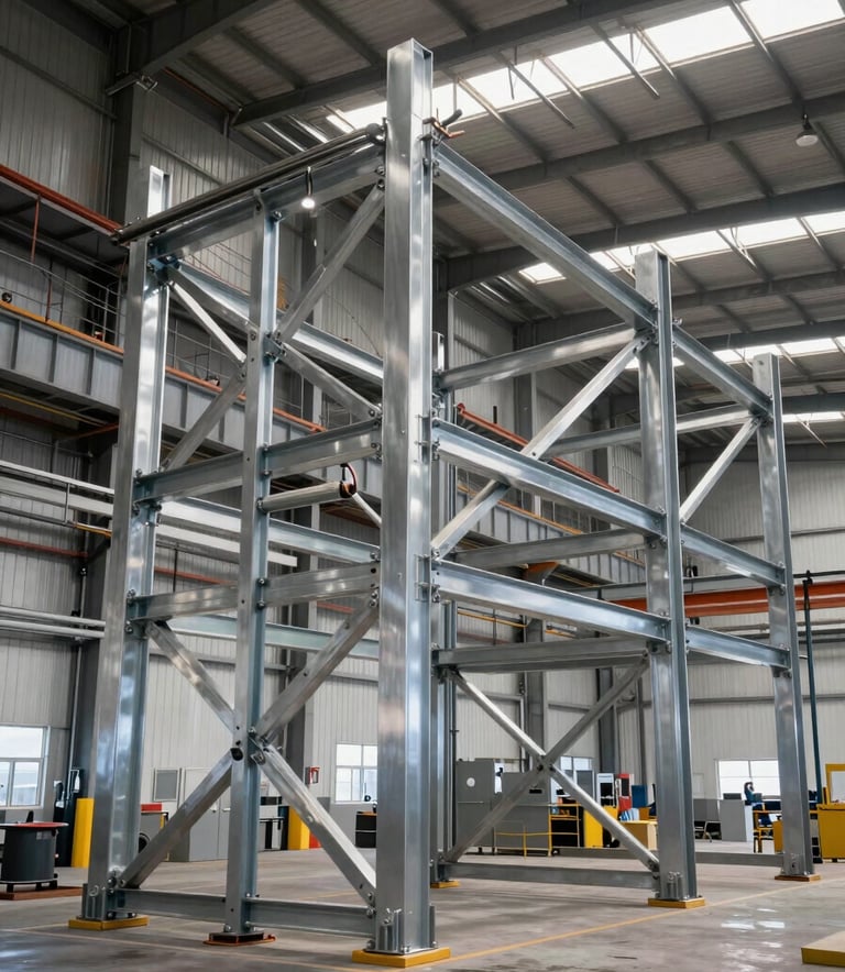 Interior of a vast industrial warehouse showing expert steel frame assembly, professional lighting highlighting silver grey metal textures, North American / Mexican industrial park setting.