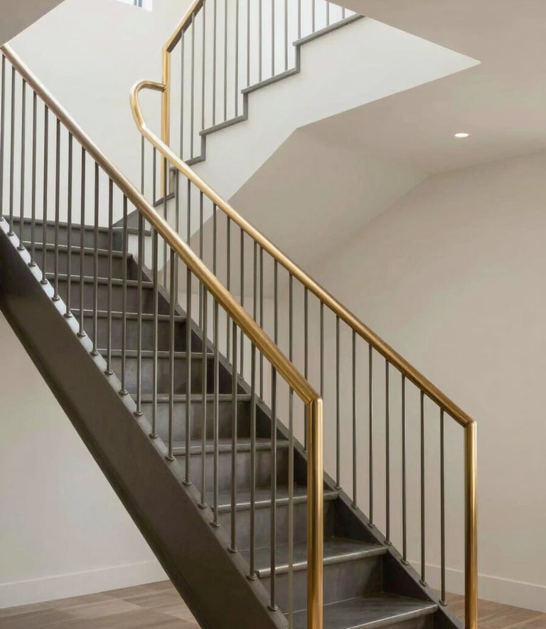 Detailed architectural photography of a minimalist luxury residential steel staircase with gold-toned handrails, clean industrial lines, soft natural light, North American / Mexican modern home interior.
