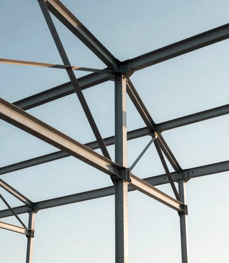 Architectural shot of an industrial nave's structural steel skeleton against a clear sky. The image emphasizes the geometric precision of the beams and joints. Professional photography, minimalist industrial style, clean lines, North American / Mexican setting.