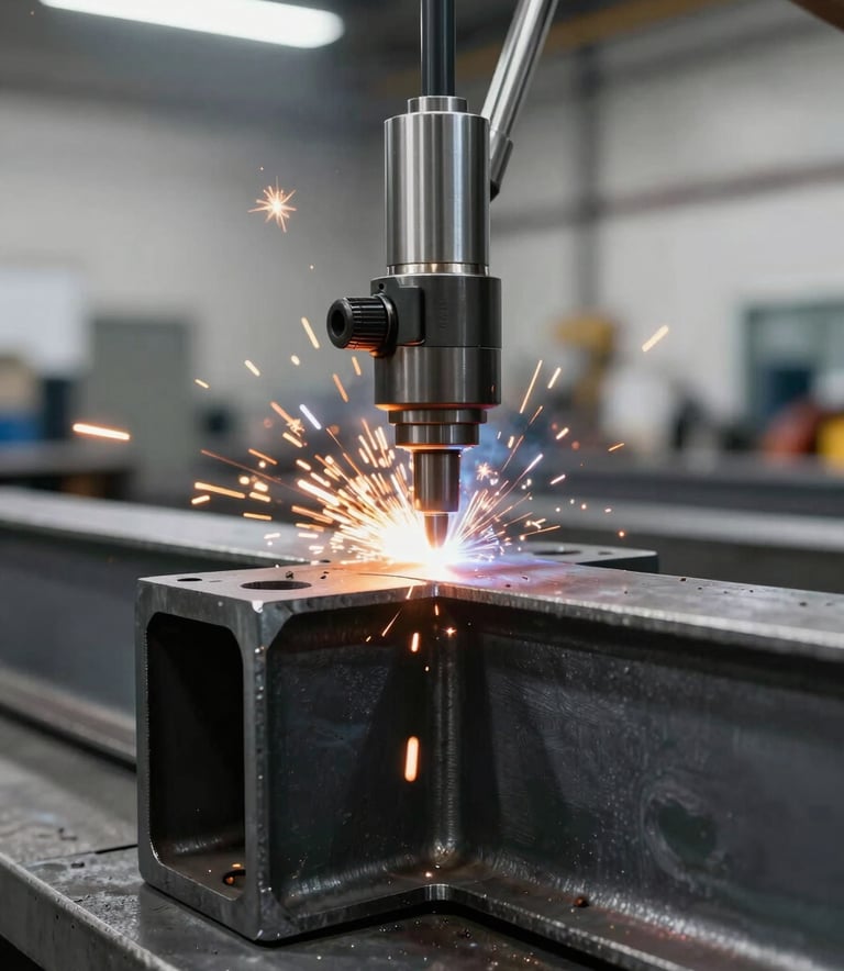 Close-up of a precision welding process on a heavy steel beam in a minimalist industrial workshop. Bright orange sparks contrast with the deep carbon black and silver gray steel environment. Modern industrial lighting, professional craftsmanship atmosphere in a North American / Mexican workshop.