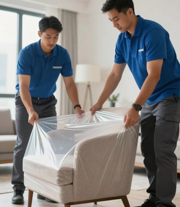 A close-up of professional movers carefully wrapping a designer armchair in protective film, set in a bright Dubai apartment. The movers wear uniforms in #2C3E50 and #6B7B8E. High-quality, modern, and trustworthy aesthetic.