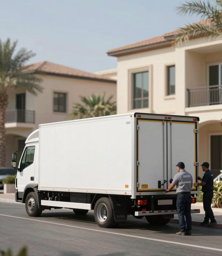 A wide shot of a modern, clean white moving truck parked in a luxury Dubai residential neighborhood. The truck features subtle brand elements. Professional movers in #2C3E50 uniforms are seen working efficiently in the bright morning sunlight.